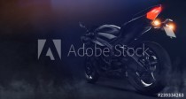 Black modern sports motorcycle rear detail on dark background with smoke (3D illustration) Naklejkomania - zdjecie 1 - miniatura