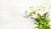 Bouquet of white lilies isolated on a white wooden background top view. Flowers lily beautiful bouquet white flowers floral background concept holiday congratulation. Naklejkomania - zdjecie 1 - miniatura