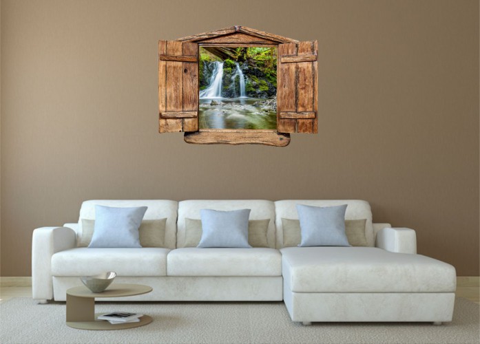 Naklejka na ścianę, dziura 3D drewniane okno las wodospad strumień 1020 Naklejkomania - zdjecie 1