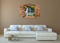 Naklejka na ścianę, dziura 3D drewniane okno las wodospad strumień 1020 Naklejkomania - zdjecie 1 - miniatura