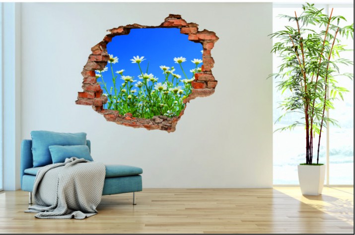 Naklejka na ścianę, dziura 3D  cegły łąka kwiaty niebo 3070 Naklejkomania - zdjecie 1