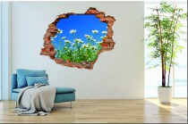 Naklejka na ścianę, dziura 3D  cegły łąka kwiaty niebo 3070 Naklejkomania - zdjecie 1 - miniatura