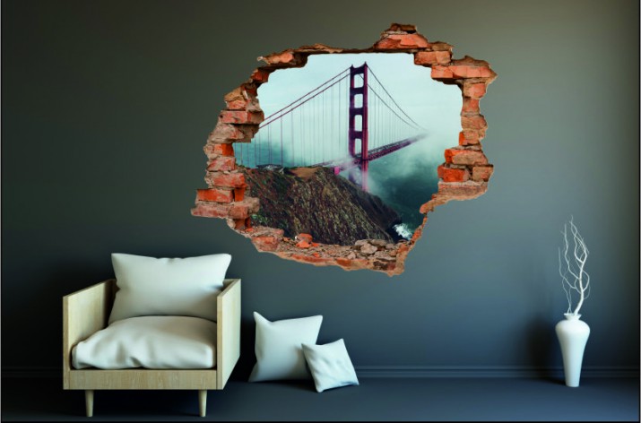 Naklejka na ścianę, dziura 3D  cegły most San Francisco chmury 3042 Naklejkomania - zdjecie 1
