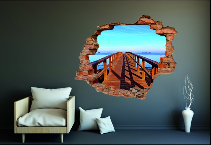 Naklejka na ścianę, dziura 3D  cegły morze pomost niebo plaża 3051 Naklejkomania - zdjecie 1