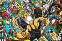Music collage on a large brick wall, graffiti Naklejkomania - zdjecie 1 - miniatura