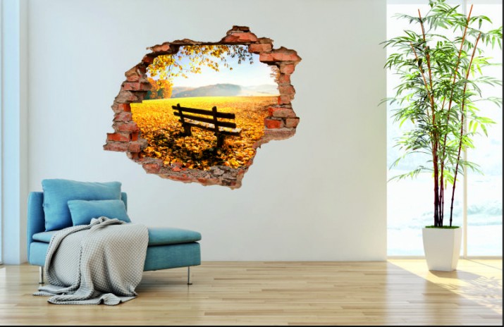 Naklejka na ścianę, dziura 3D  cegły park drzewo ławka 3081 Naklejkomania - zdjecie 1
