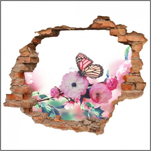 Naklejka na ścianę, dziura 3D  cegły drzewa kwiaty motyl 3168 - zdjęcie 2