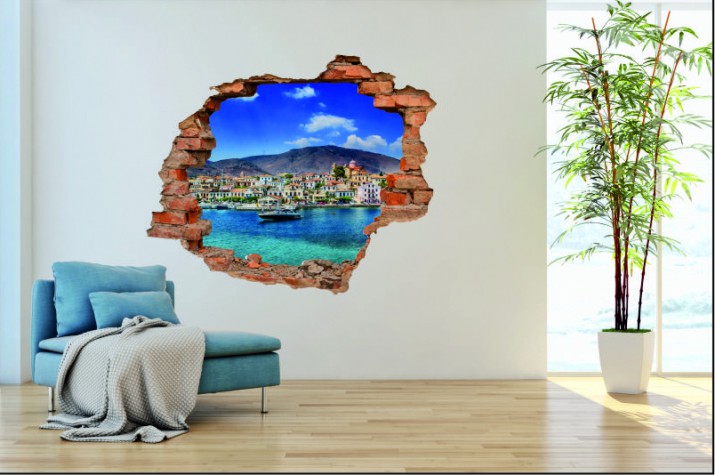 Naklejka na ścianę, dziura 3D  cegły morze miasto 3079 Naklejkomania - zdjecie 1