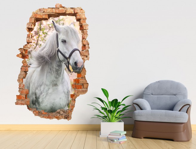 Naklejka na ścianę , dziura 3D biały koń  3663
