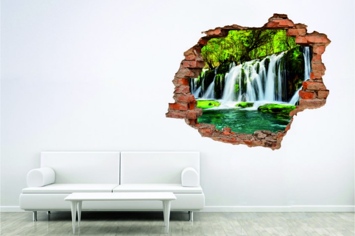 Naklejka na ścianę, dziura 3D  cegły góry jezioro wodospad 3135 Naklejkomania - zdjecie 1