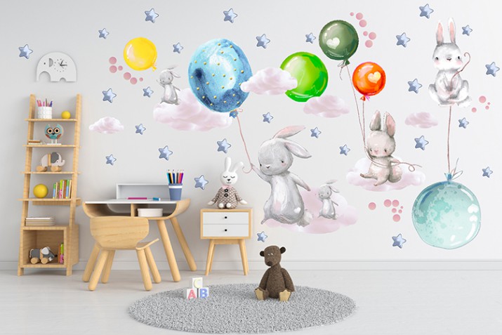 Naklejki dla dzieci dziecka na ścianę gwiazdki króliczki z balonami 41457 Naklejkomania - zdjecie 1
