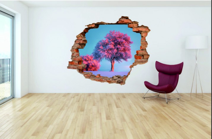 Naklejka na ścianę, dziura 3D  cegły zima drzewo 3139 Naklejkomania - zdjecie 1