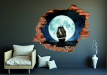 Naklejka na ścianę, dziura 3D  cegły statek żaglowiec morze księżyc 3129 Naklejkomania - zdjecie 1 - miniatura