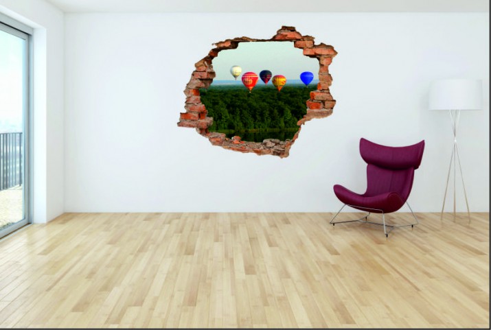 Naklejka na ścianę, dziura 3D  cegły las niebo balony 3113 Naklejkomania - zdjecie 1
