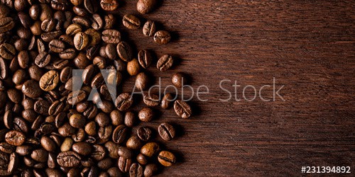 fresh roasted coffee beans on natural dark oak wood panorama wide wooden closeup macro background - zdjęcie 1