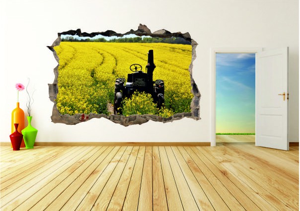 Naklejka na ścianę, dziura 3D pole rzepaku  traktor 320 Naklejkomania - zdjecie 1