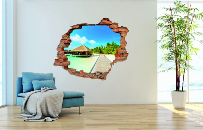 Naklejka na ścianę, dziura 3D  cegły morze plaża pomost 3136 Naklejkomania - zdjecie 1