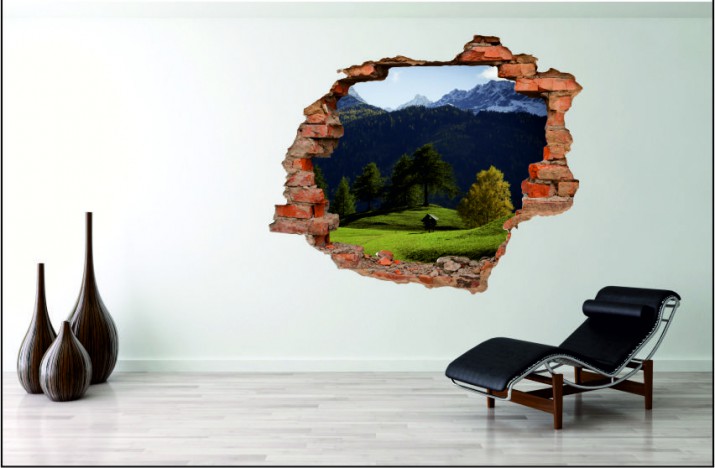 Naklejka na ścianę, dziura 3D  cegły góry polana 3110 Naklejkomania - zdjecie 1