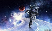 Running spaceman and galaxy. Mixed media Naklejkomania - zdjecie 1 - miniatura