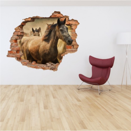 Naklejka na ścianę, dziura 3D  cegły konie galop 3196 Naklejkomania - zdjecie 1