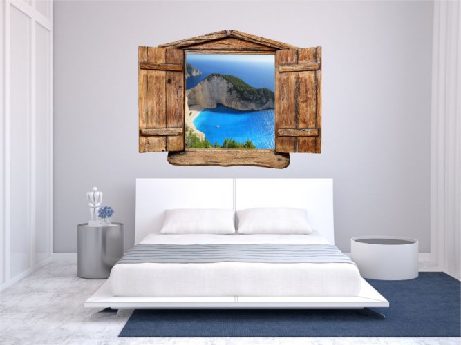 Naklejka na ścianę, dziura 3D drewniane okno morze zatoka wyspa 1021 Naklejkomania - zdjecie 1