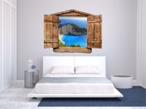 Naklejka na ścianę, dziura 3D drewniane okno morze zatoka wyspa 1021 Naklejkomania - zdjecie 1 - miniatura