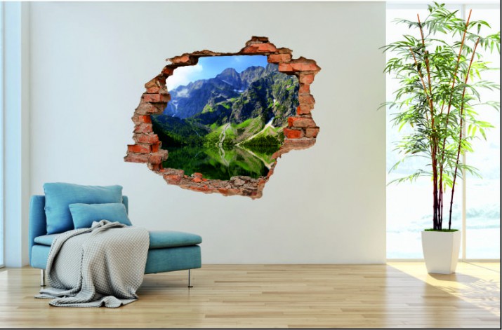 Naklejka na ścianę, dziura 3D  cegły góry jezioro 3032 Naklejkomania - zdjecie 1