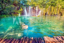 Incredibly beautiful fabulous magical landscape with a waterfall in Plitvice, Croatia (harmony meditation, antistress - concept) Naklejkomania - zdjecie 1 - miniatura