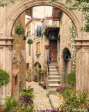 Old arch with open doors. Flovers and antique street view Naklejkomania - zdjecie 1 - miniatura
