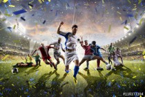 Collage adult children soccer players in action on stadium panorama Naklejkomania - zdjecie 1 - miniatura