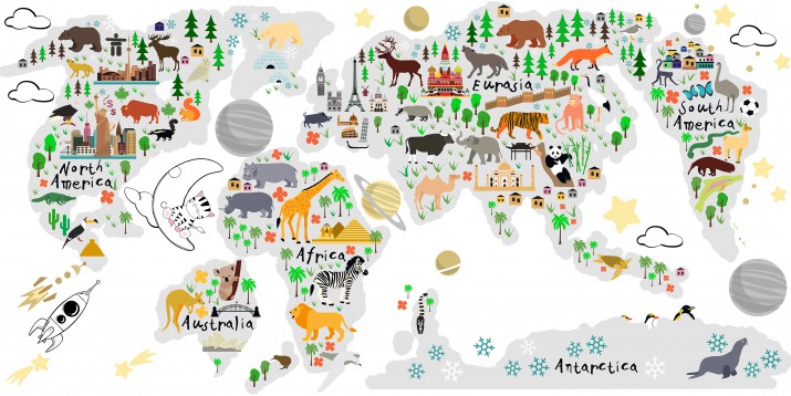 Naklejka ścienna - mapa świata szara ze zwierzątkami  41371 - zdjęcie 2