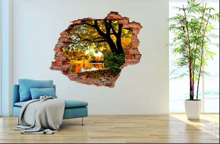 Naklejka na ścianę, dziura 3D  cegły park drzewo jezioro 3022