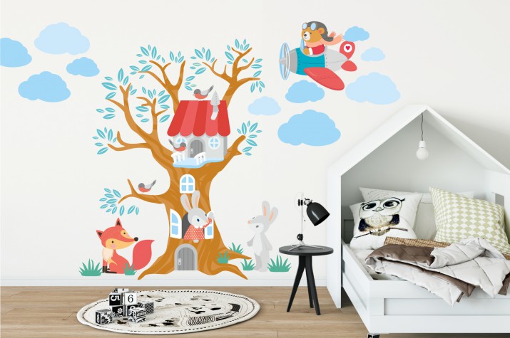 Naklejka ścienna, naklejki, na ścianę, do przyklejenia, dla dzieci - drzewko, drzewo, domek na drzewie, helikopter, miś, lis, zajączek, kolorowe, chmurki, chmury, modne 2102 Naklejkomania - zdjecie 1