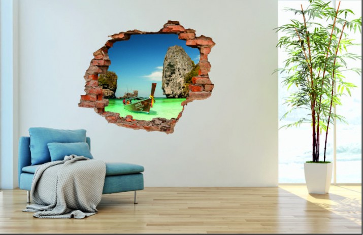 Naklejka na ścianę, dziura 3D  cegły morze plaża Tajlandia zatoka 3096 Naklejkomania - zdjecie 1