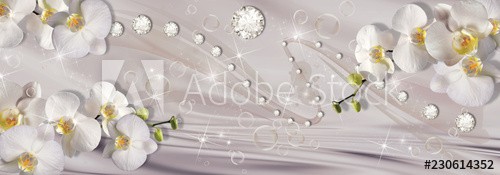 3d wallpaper, orchids, bubble and rhinestones on beige silk background - zdjęcie 1