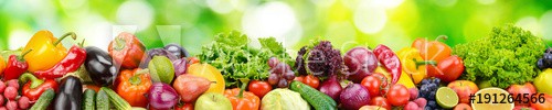 Panorama of fresh vegetables and fruits on blurred background of green leaves.