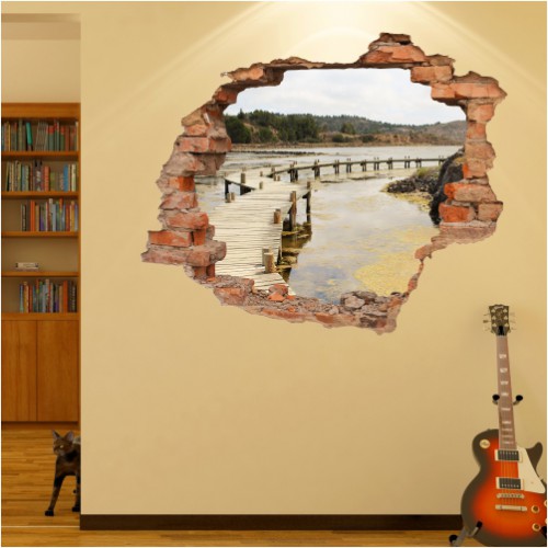 Naklejka na ścianę, dziura 3D  cegły jezioro pomost 3160 Naklejkomania - zdjecie 1
