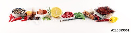 Spices and herbs on table. Food and cuisine ingredients.