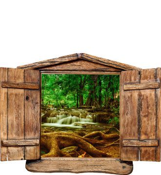 Naklejka na ścianę, dziura 3D drewniane okno las wodospad strumień 1018 - zdjęcie 2