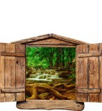 Naklejka na ścianę, dziura 3D drewniane okno las wodospad strumień 1018 Naklejkomania - zdjecie 2 - miniatura