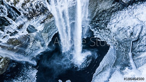 Aerial photo of the Seljalandsfoss waterfall in winter