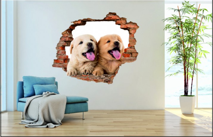 Naklejka na ścianę, dziura 3D  cegły psy pieski 3004 Naklejkomania - zdjecie 1