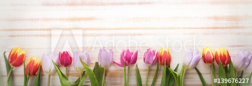 bouquet of tulips of spring flowers on old wooden board on holiday of Easter - zdjęcie 1