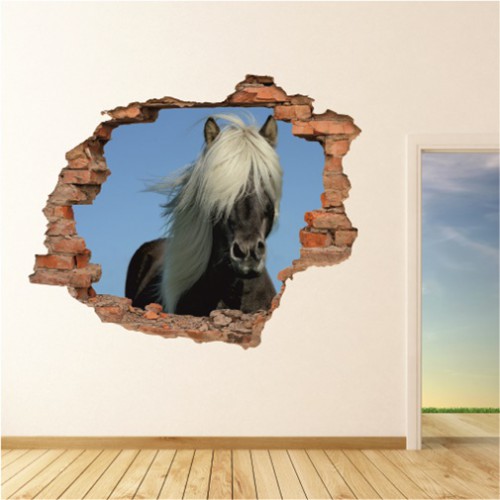 Naklejka na ścianę, dziura 3D  cegły okno koń 3159 Naklejkomania - zdjecie 1