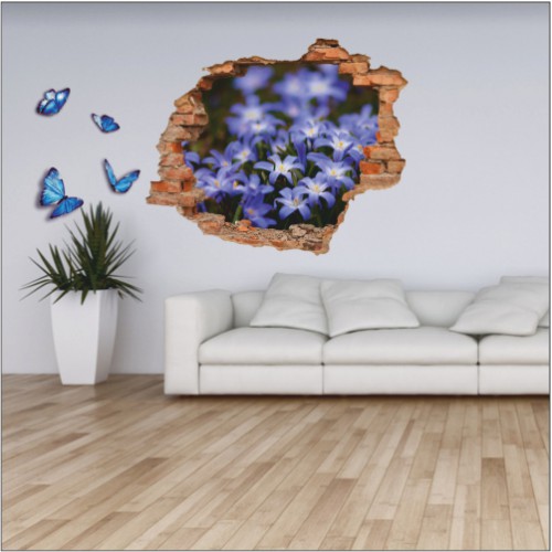 Naklejka na ścianę, dziura 3D  cegły łąka kwiaty motyle 3164