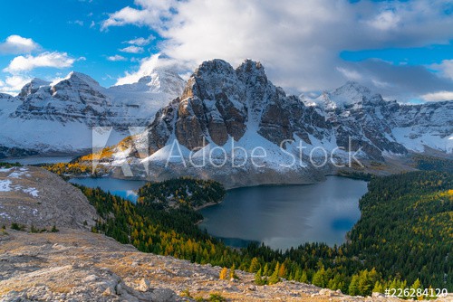 Beautiful fall colors in the forests below cold foreboding peaks