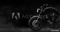 Black motorcycle detail on a dark background with smoke, side view (3D illustration) Naklejkomania - zdjecie 1 - miniatura