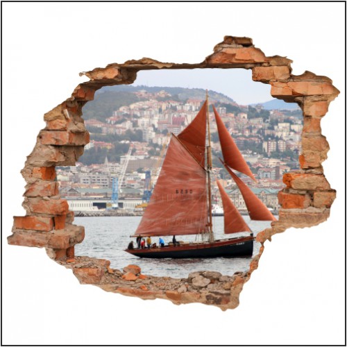 Naklejka na ścianę, dziura 3D  cegły miasto port statek żaglowiec morze  3169 - zdjęcie 2