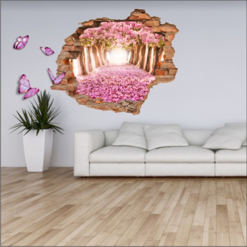 Naklejka na ścianę, dziura 3D  cegły park drzewa kwiaty motyle 3167 Naklejkomania - zdjecie 1