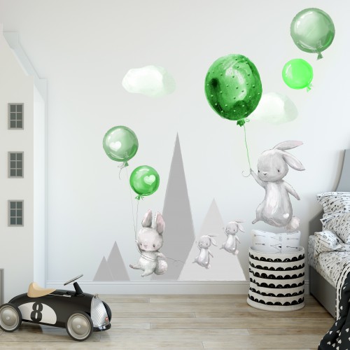 Naklejki na ścianę dla dzieci  króliki góry 41035 zielone balony Naklejkomania - zdjecie 1